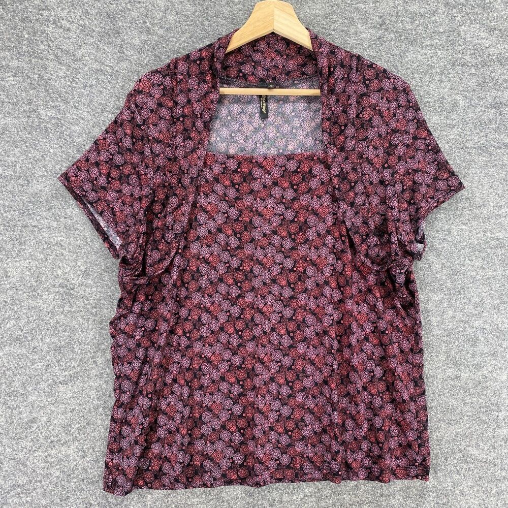 Olivia Paige Top Women XL Red Floral Short Sleeve Square Neck Stretch Blouse